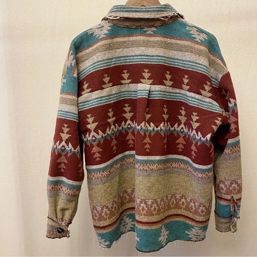 La Miel Size Small Aztec Shacket Western Shirt Jacket Frayed Hems Cowgirl